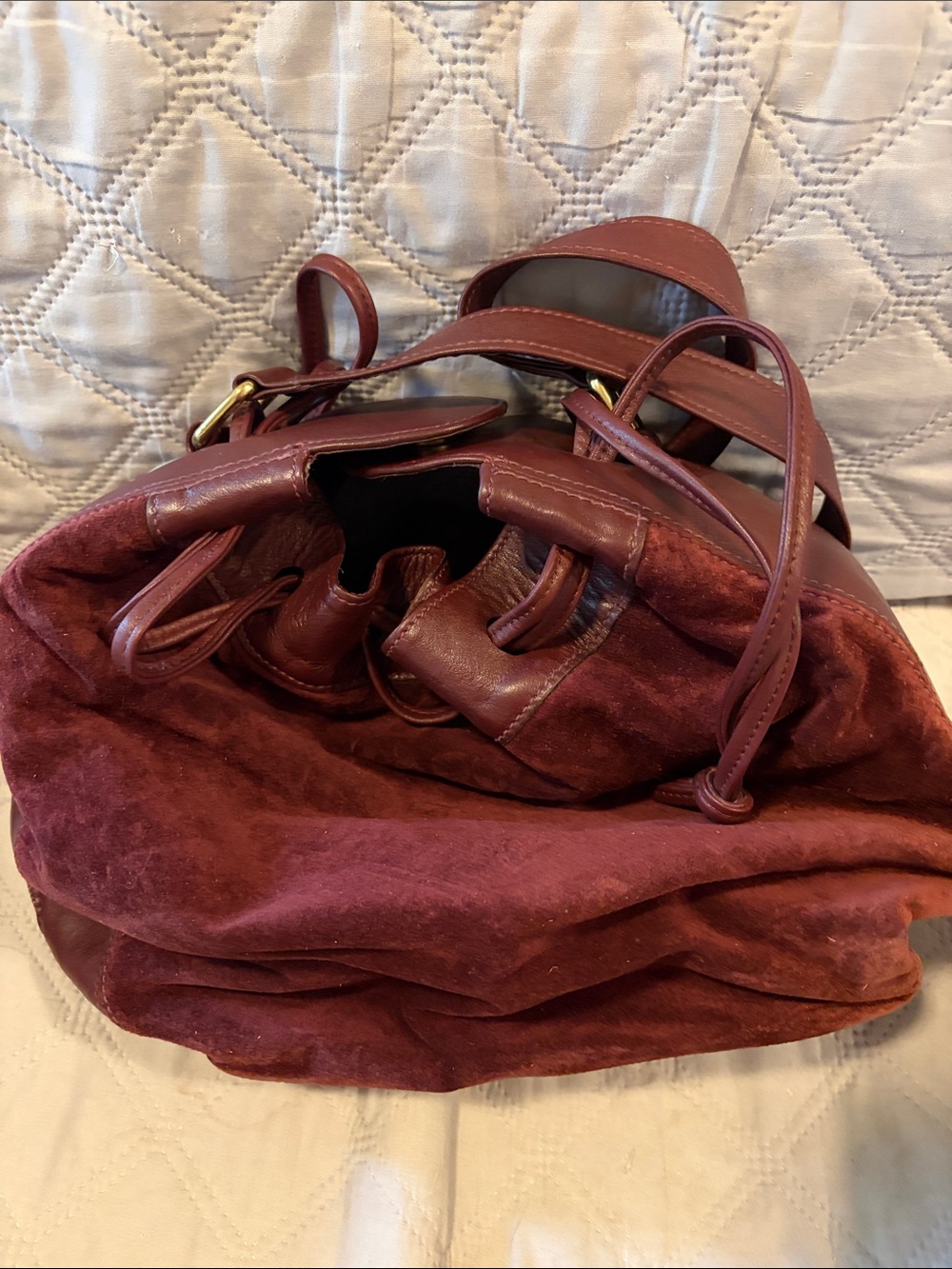 Anne Klein Burgundy Suede & Leather Drawstring Shoulder Bag